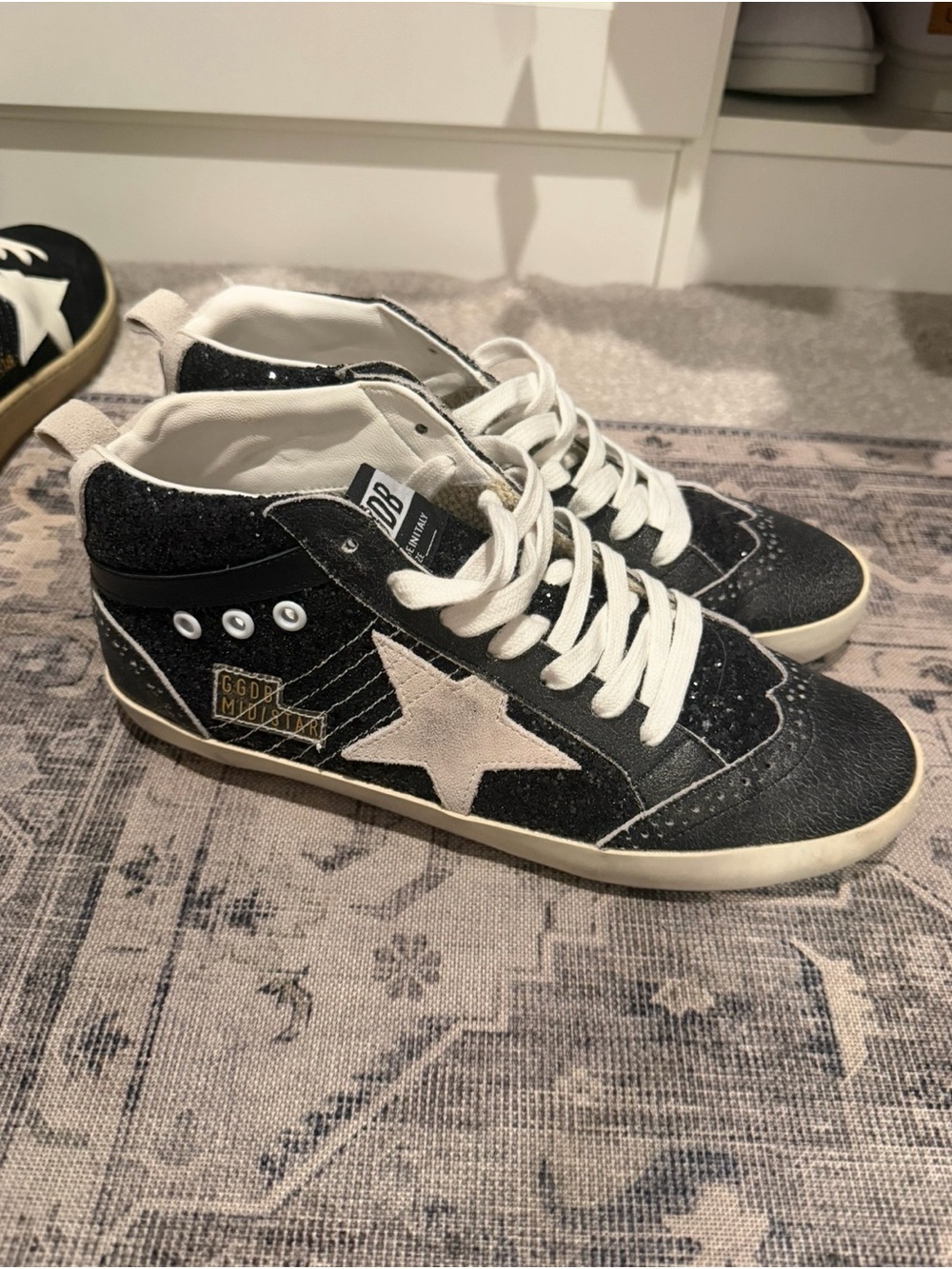 Golden Goose Black Glitter Mid-Top Sneakers with White Star